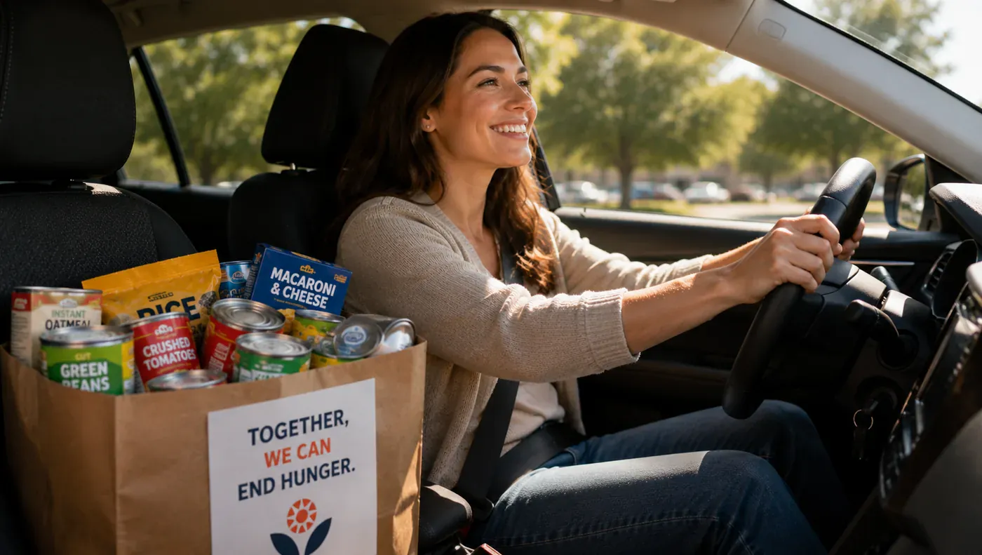 A driver with a bag of donated food in the passenger seat, pulling into a car wash