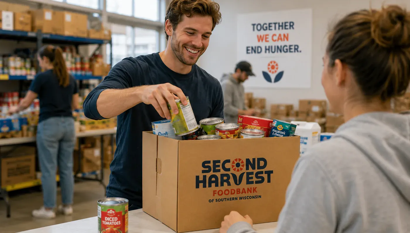 A Second Harvest volunteer packing a box of donated food at the foodbank