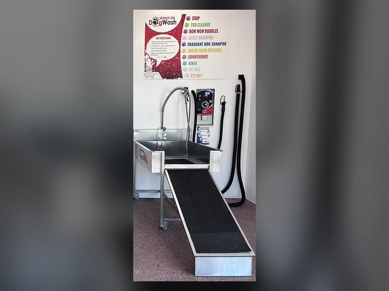 The self-serve dog wash tub, walk-up ramp and shower wand at Mr. Splash 2904 Milton Ave