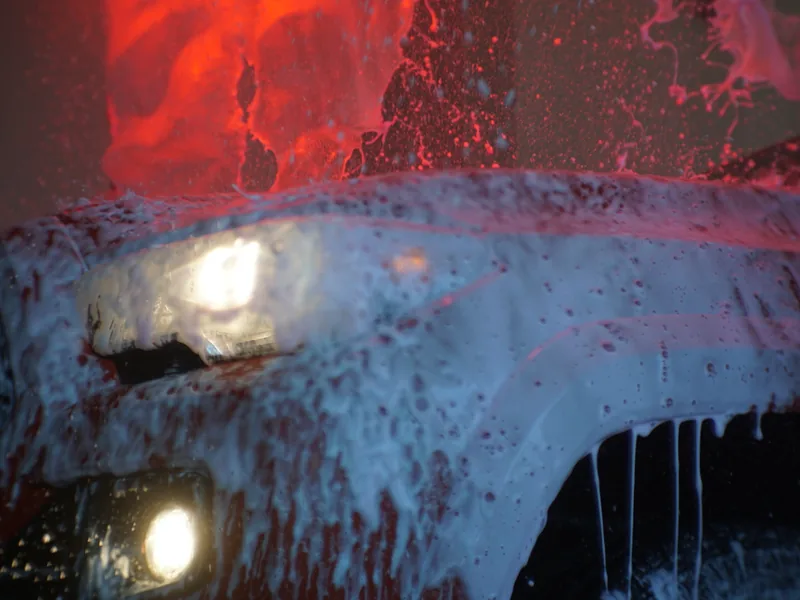 Thick pre-soak foam covering a car under the wash tunnel lights