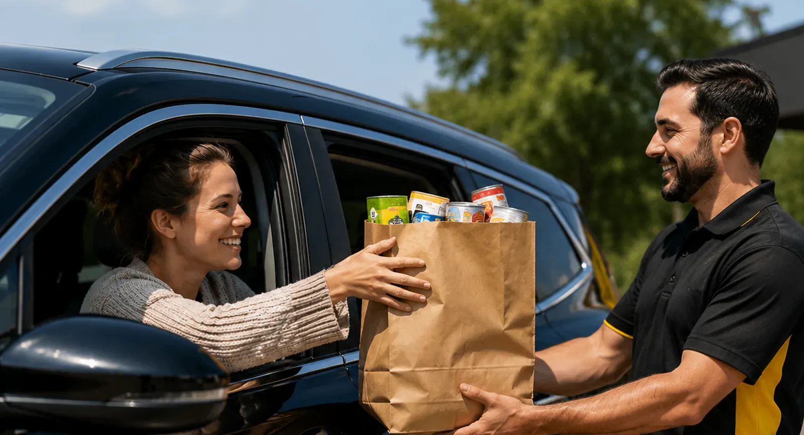 A driver handing a paper bag of canned food to a Mr. Splash Car Wash attendant from her car window